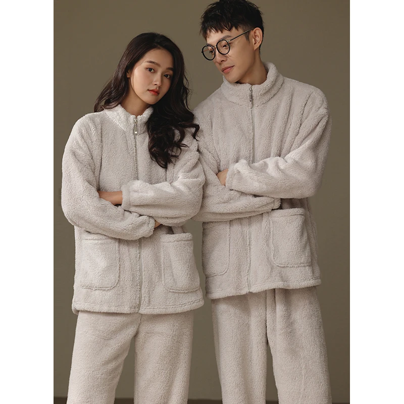 「加厚加绒」睡衣情侣装一男一女秋冬季珊瑚绒毛绒高领拉链家居服