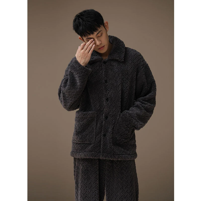 「加厚加绒」保暖珊瑚绒睡衣男秋冬开衫长袖简约休闲法兰绒家居服