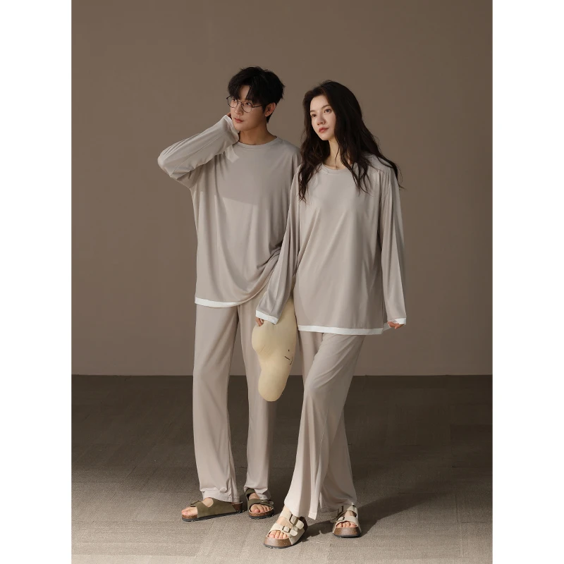【美家臣】2025新款莫代尔情侣睡衣男女春秋款圆领长袖纯色家居服