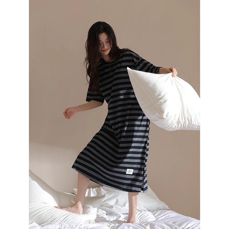 【美家臣】2025年新款睡裙女夏季莫代尔短袖薄款连衣裙条纹睡衣