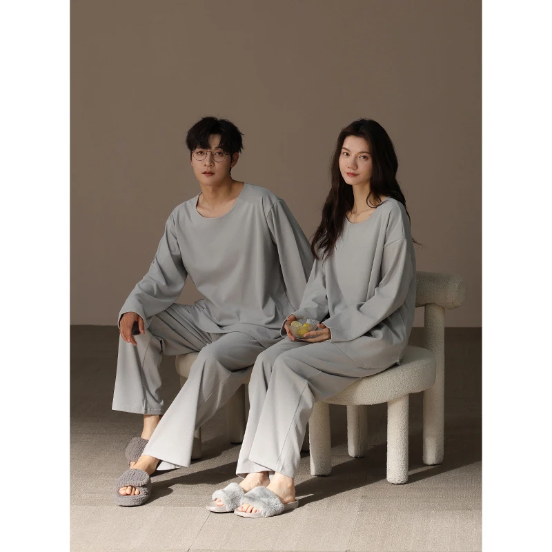 【德绒】2025新款情侣睡衣男女秋冬款加厚加绒纯色圆领套头家居服
