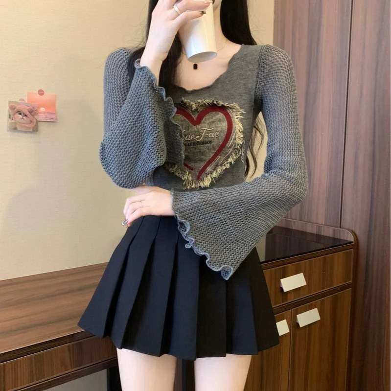 设计感小众牛仔贴布木耳边针织上衣女秋季2024新款甜辣妹短款
