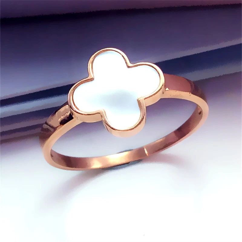 福福金楼585紫金白贝四叶草戒指轻奢简约时尚女士经典14K玫瑰金