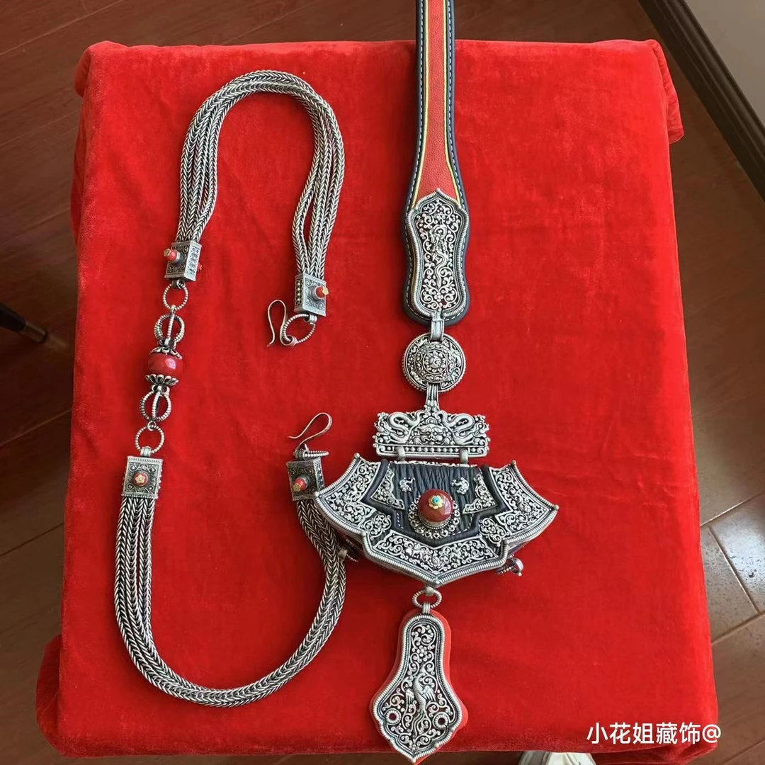 新款藏族特色手工精品白铜加银腰链挂件套装搭配经典百搭款