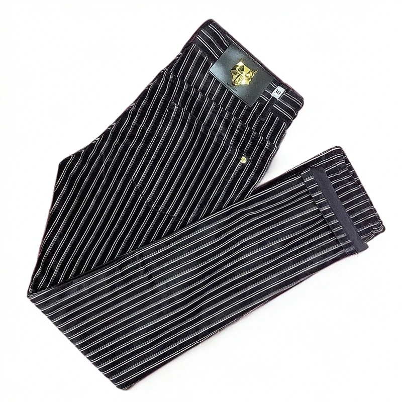 秋冬弹力修身小直筒黑色条纹平绒休闲裤男士潮流时尚经典商务百搭