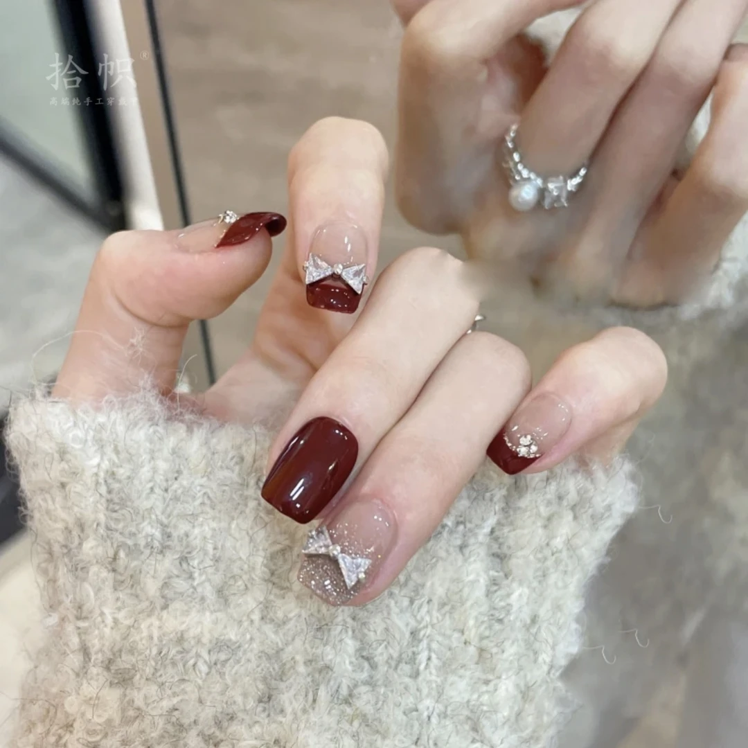 【追慕】新年战甲穿戴甲纯手工高级秋冬氛围显白酒红色水晶结钻短款