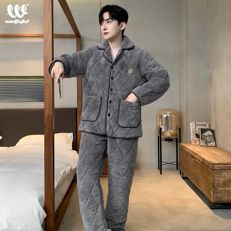 睡衣男士冬季加厚加绒珊瑚绒三层夹棉袄男式保暖可外穿家居服套装