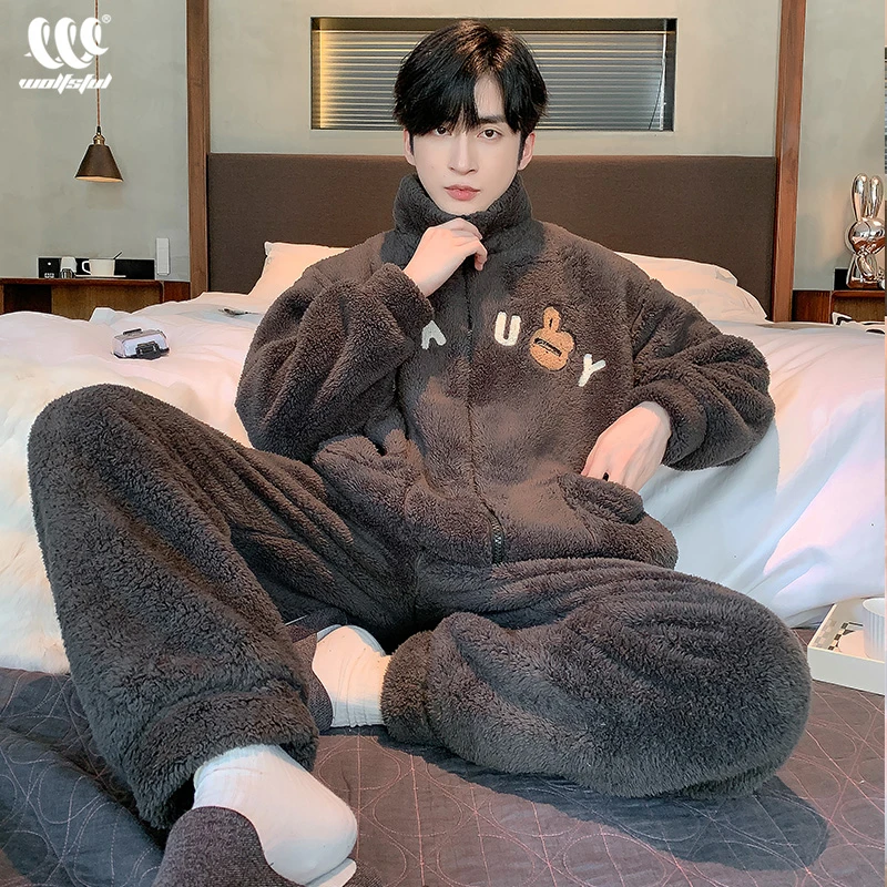 睡衣男冬季珊瑚绒加厚加绒保暖男士秋冬男款法兰绒大码家居服套装