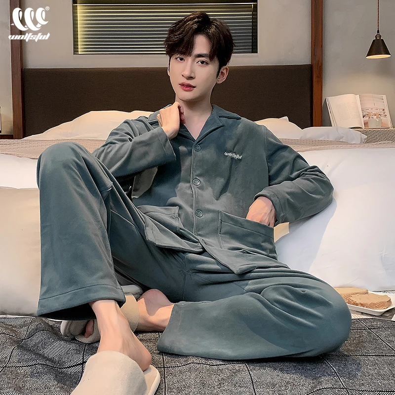 男士睡衣冬季款2023新款海岛绒薄绒男式春秋大码珊瑚绒家居服套装