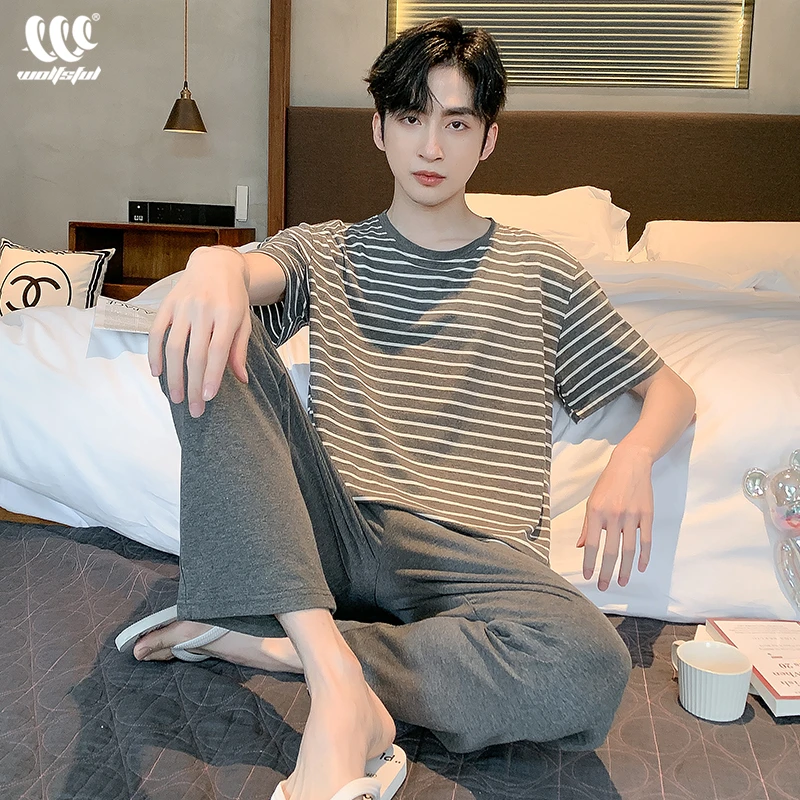 睡衣男士夏季莫代尔薄款短袖休闲长裤冰丝凉感夏天家居服大码套装