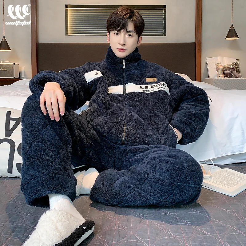睡衣男士冬季珊瑚绒三层夹棉保暖立领拉链款简约可外穿家居服套装