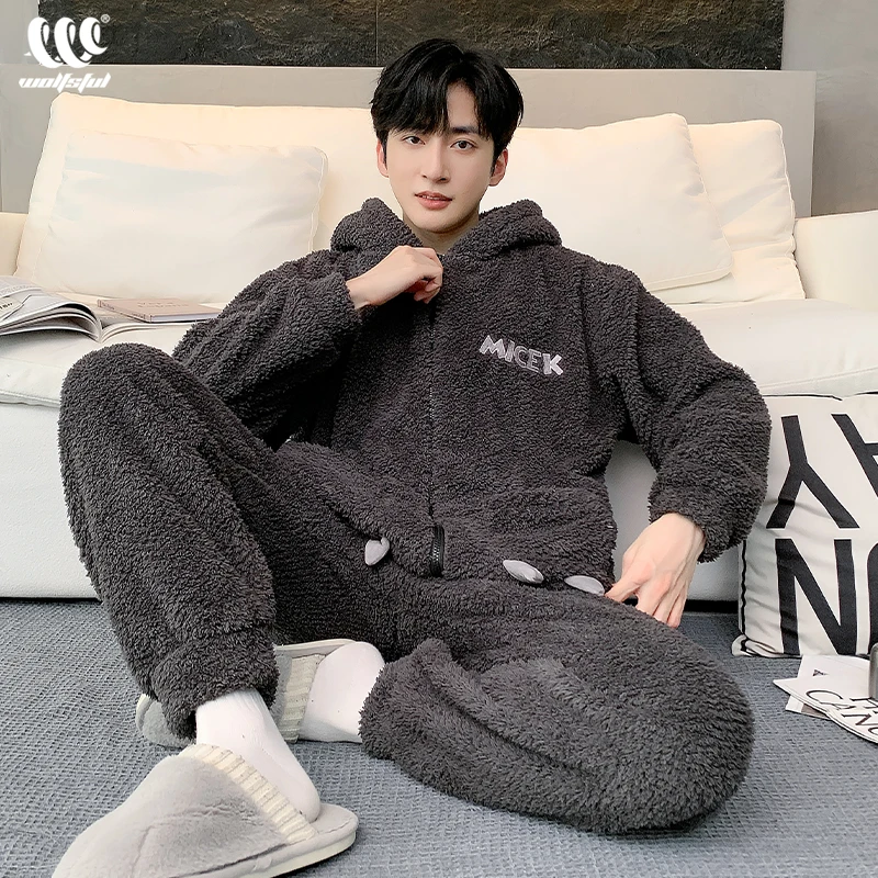 男士睡衣秋冬款加厚珊瑚绒青少年可爱保暖拉链连帽运动家居服套装