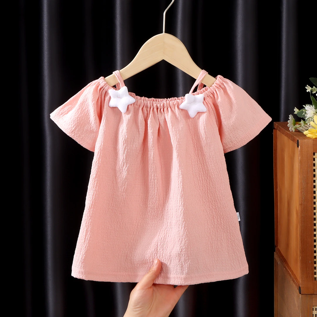女童短袖T恤新款夏女宝宝露肩吊带婴幼儿童时尚洋气上衣幼童