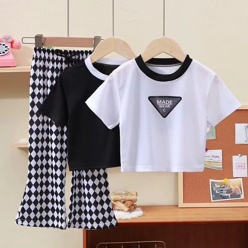 新款女童短袖套装薄款夏季儿童冰丝长裤外穿宝宝洋气公主风喇叭裤