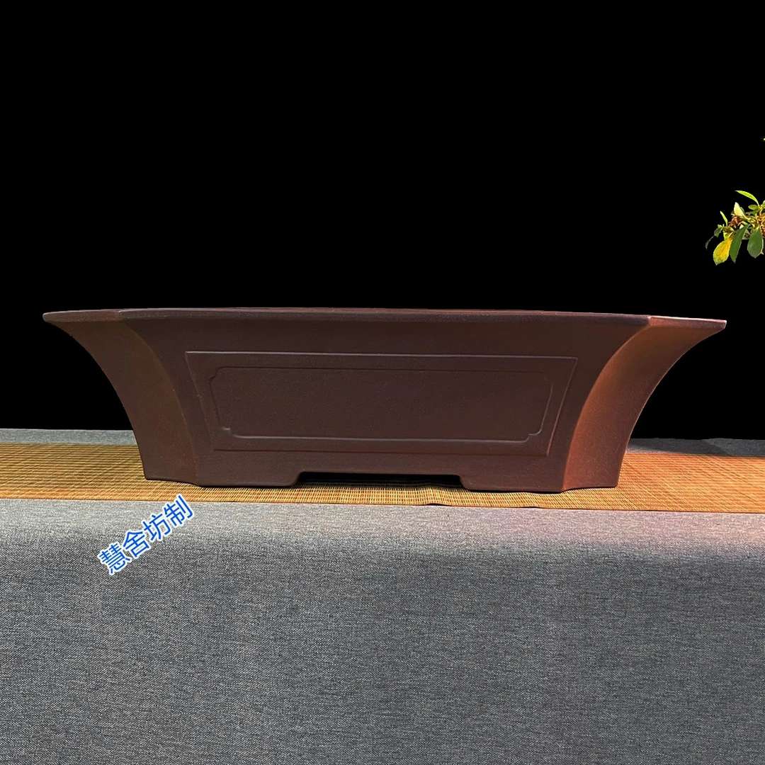 宜兴紫砂花盆原矿紫泥切角长方盆景盆奎面日式桌面大号盆栽盆手工