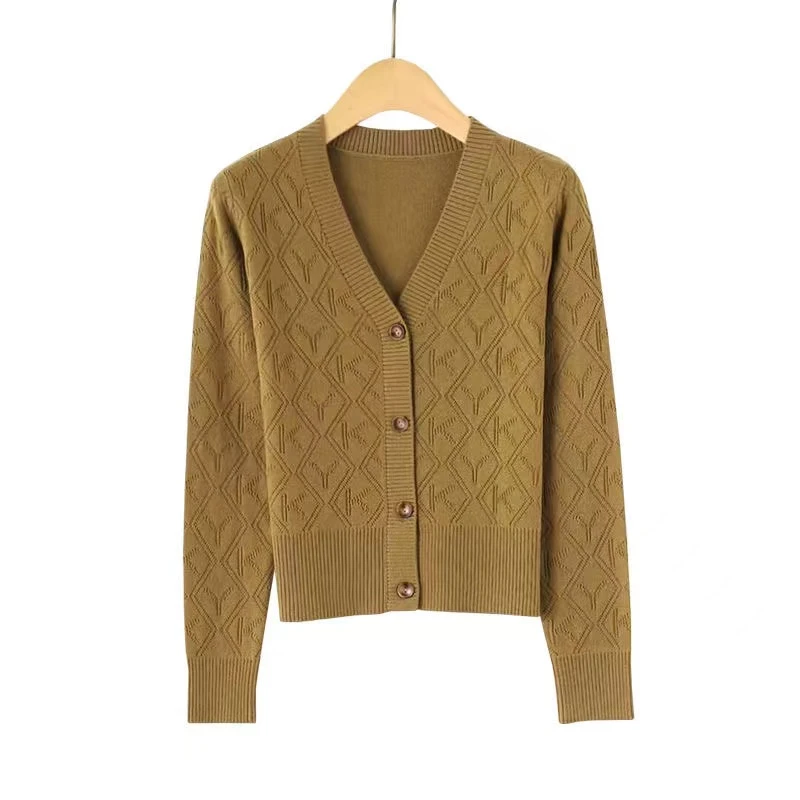 2024秋冬新款长袖v领纯色百搭针织衫女开衫经典休闲气质上衣女