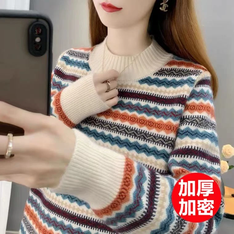 半高领毛衣女复古条纹上衣2023秋冬新款套头加厚密宽松打底针织衫