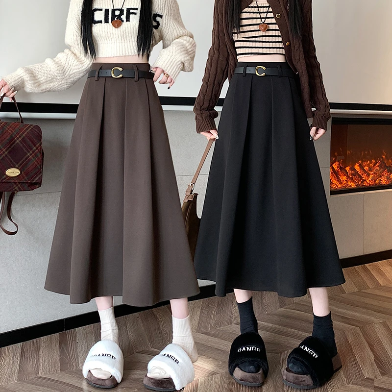 送腰带半身裙秋冬加绒加厚a字冬裙长百褶裙赫本风高级感毛呢长裙