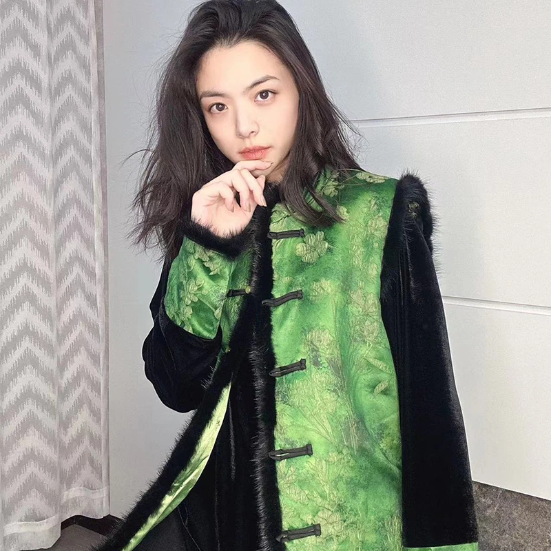 美美国风新款复古新中式优雅气质貂毛拼接盘扣新中式夹棉马夹6608