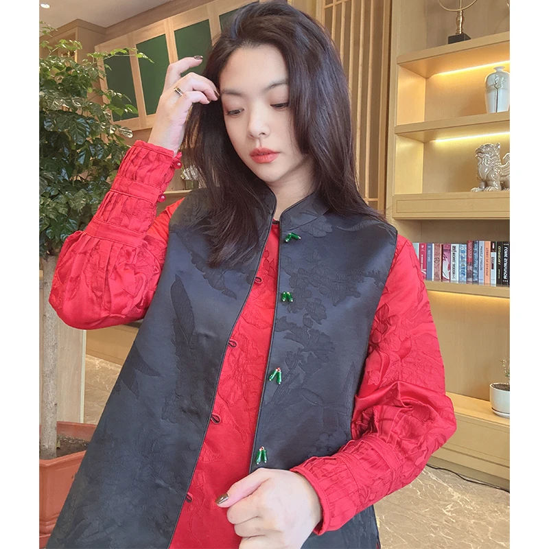 美美国风【双面双穿】春季轻奢立领提花盘扣新中式复古马夹6728