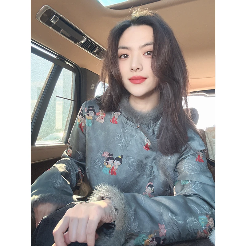 美美国风【夹棉】轻奢重工复古貂毛拼接斜襟提花盘扣新中式上衣1016