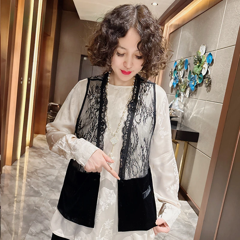 美美国风女装气质优雅蕾丝拼接丝绒马夹复古时尚外搭7330