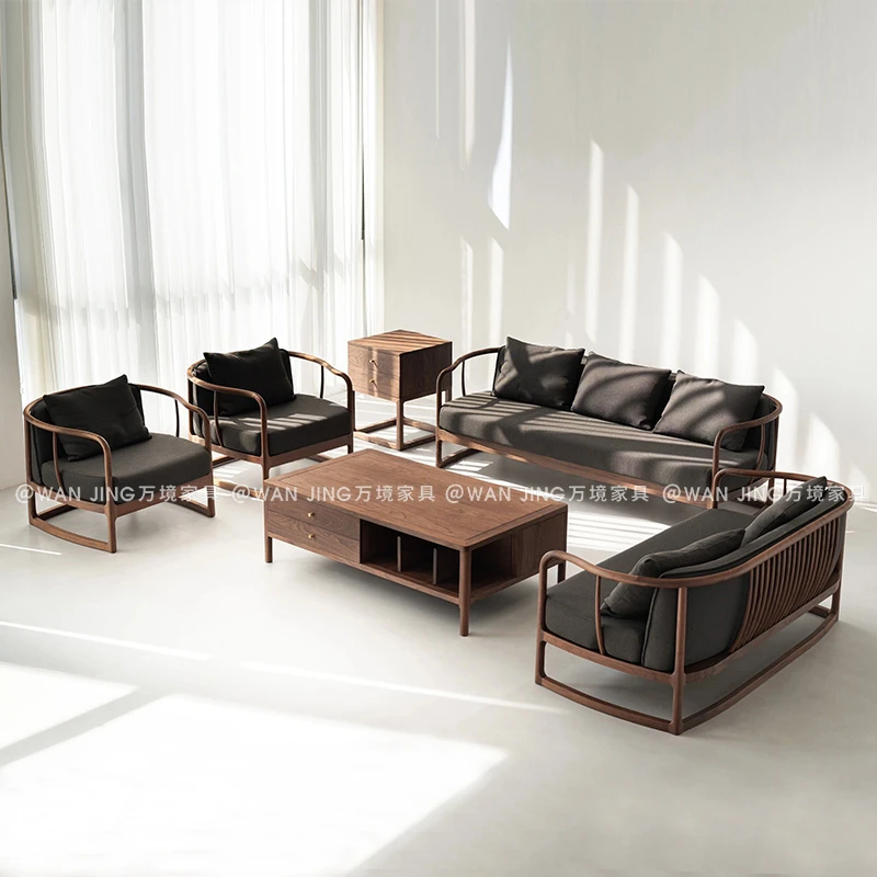 新中式禅意沙发组合民宿黑胡桃榻现代实木简约客厅茶空间定制家具
