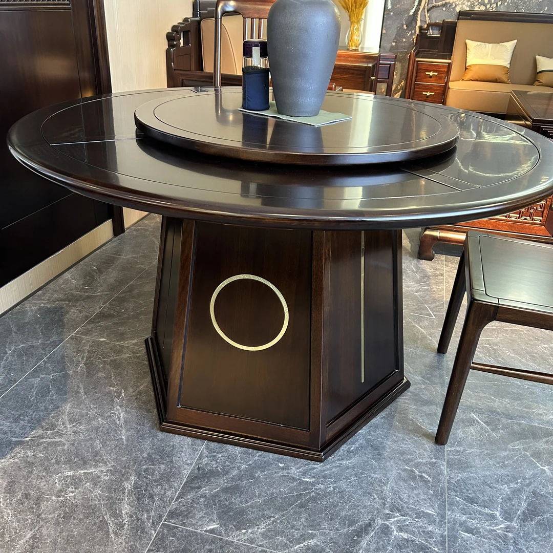 新中式黑檀木餐桌轻奢简约家用酒店餐厅美式圆餐桌禅意两用餐厅