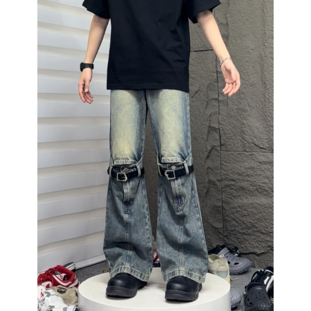 牛仔裤破洞水洗通用美式直筒裤美式复古做旧流行休闲裤子高街潮流