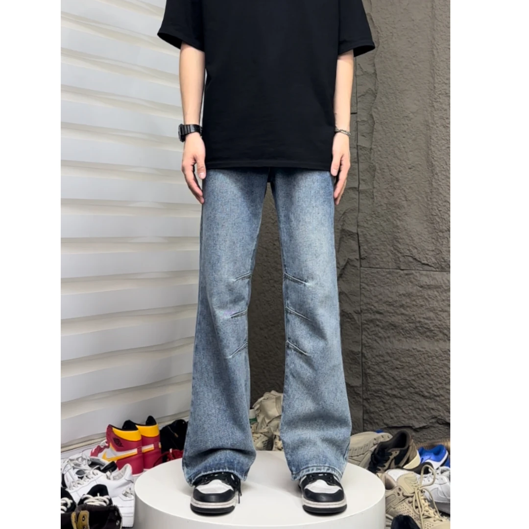 水洗微喇牛仔裤男百搭宽松高街褶皱设计直筒休闲裤子显瘦显高夏季