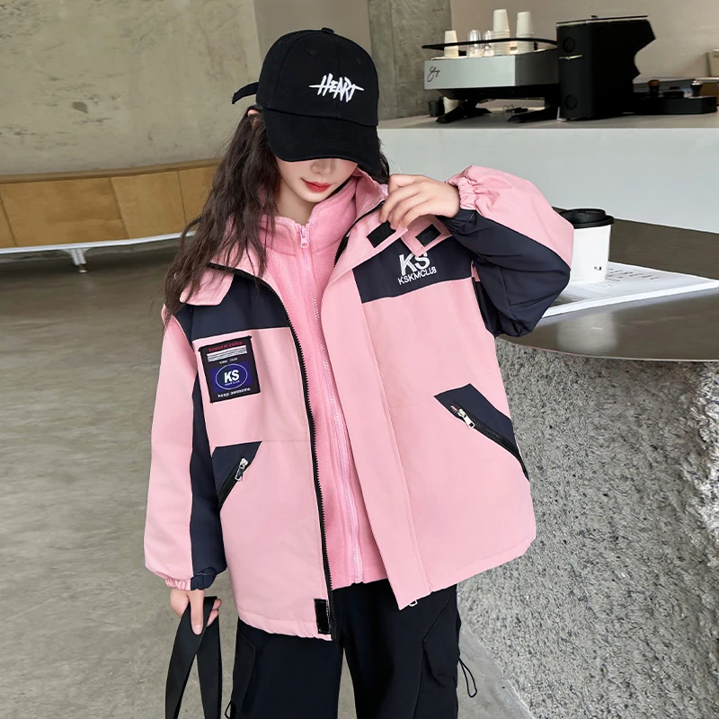女童防风外套秋冬新款女大童冲锋衣三合一可拆卸冬装加厚夹棉童装