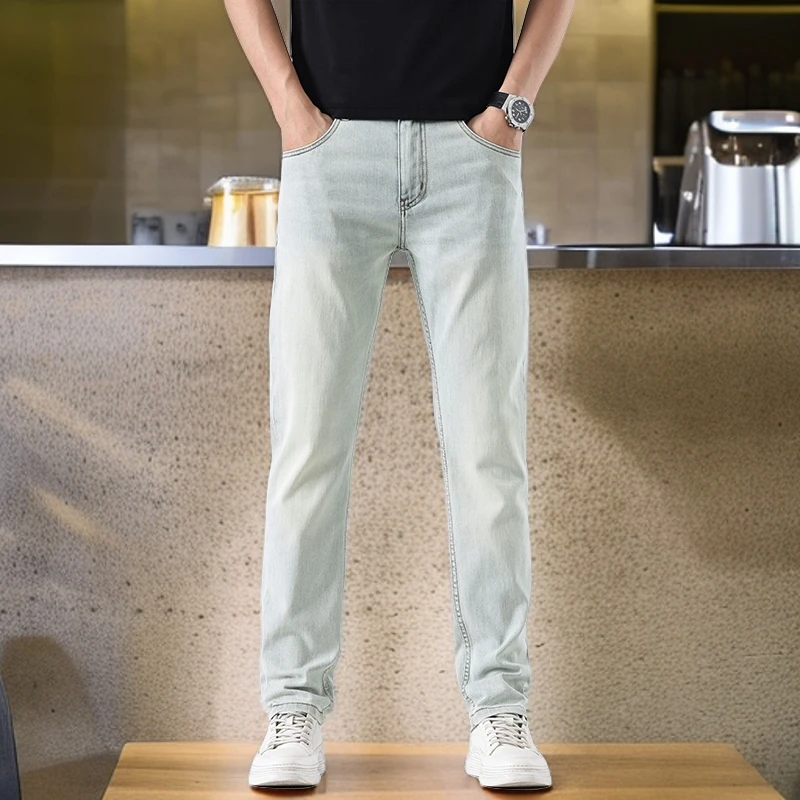 2025夏季潮流男牛仔裤子11盎直筒裤长裤白玉兰弹力九分裤百搭薄款