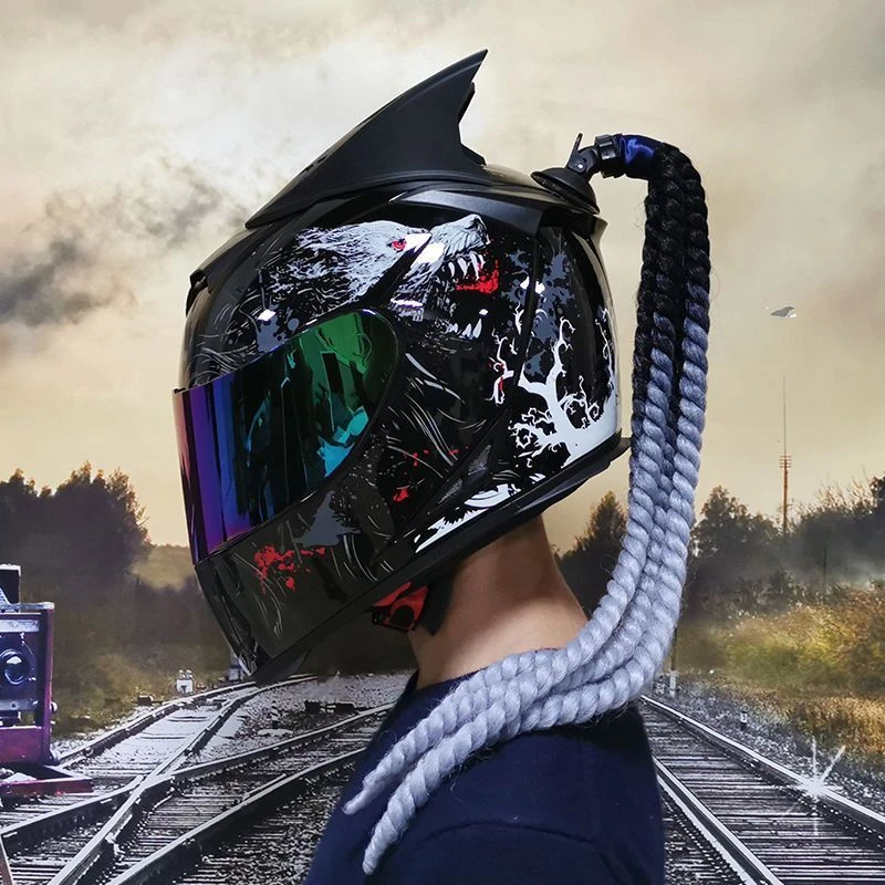 AIS艾狮头盔男女全盔冬季跑盔双镜片个性犄角四季电动自行车头盔