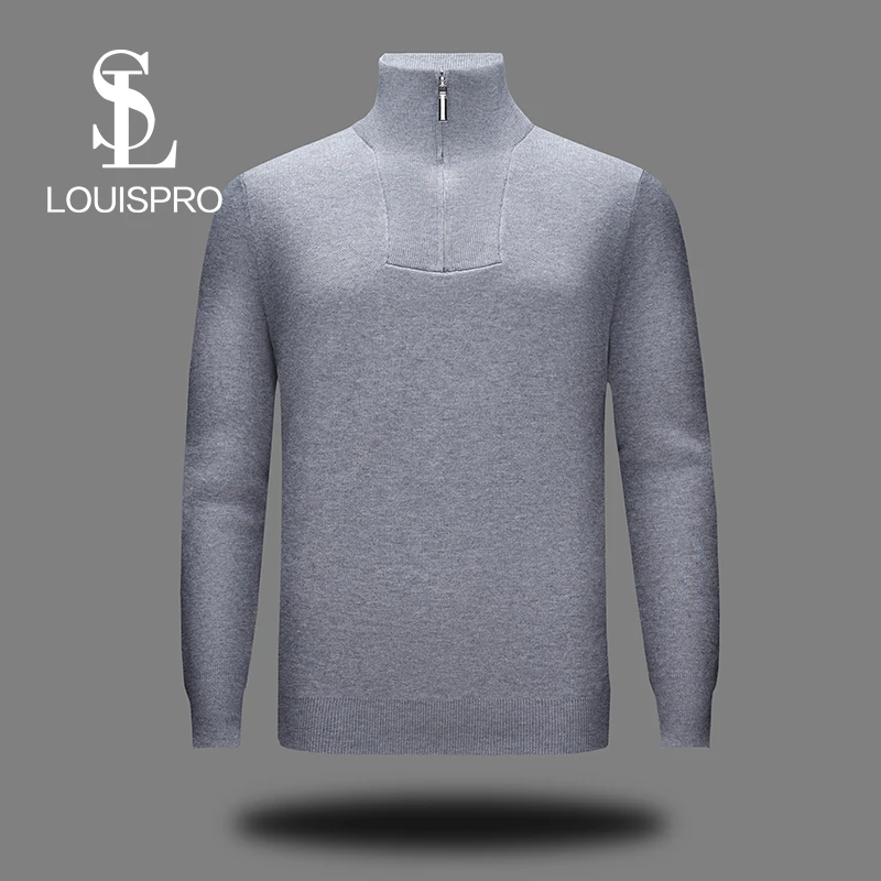 Louispro冬季高端商务打底纯色男士休闲套头半拉链毛衣男保暖