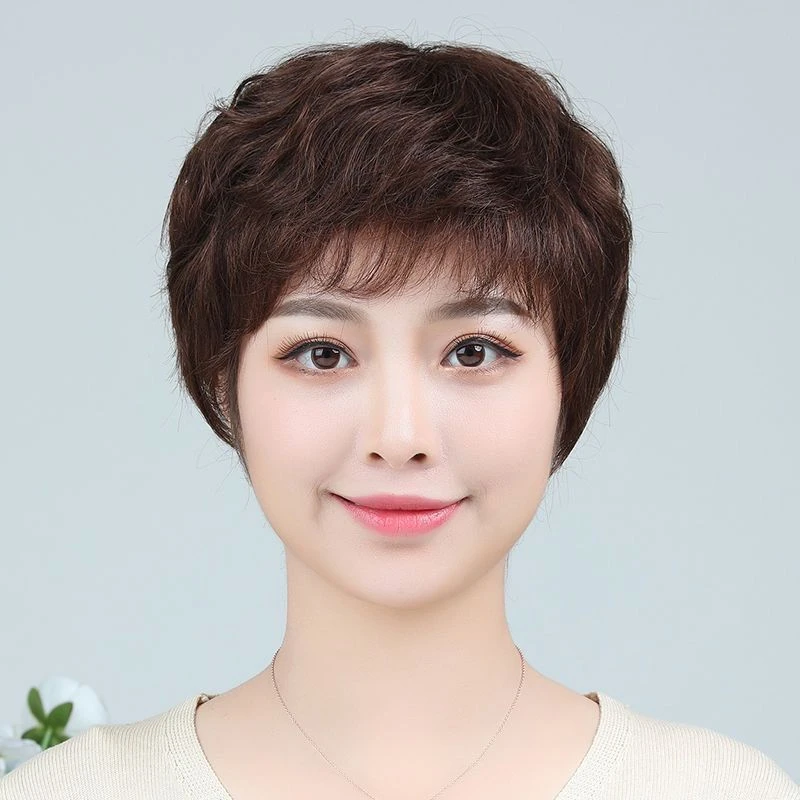 假发套女真人发丝真发自然全真短发全头套中老年妈妈修脸短卷发夏