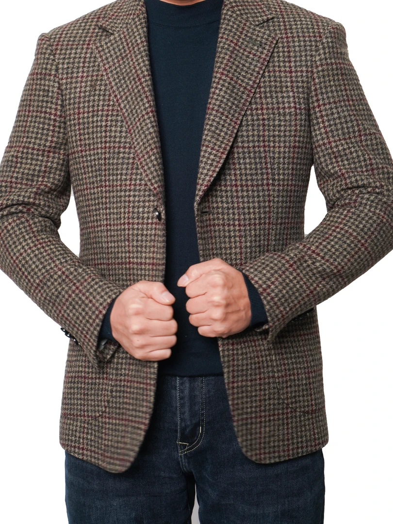 半麻衬粗花呢尤莱特浅棕千鸟格全羊毛男士休闲时尚商务西服外套