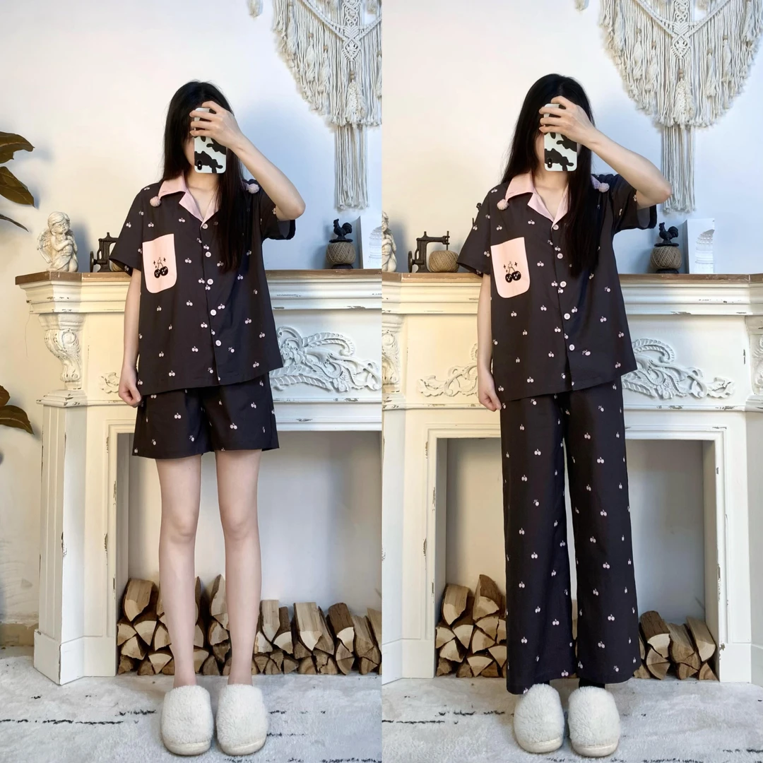 司睿家居服【樱桃炸弹】轻奢衬衫可外穿睡衣短袖短裤长裤三件套