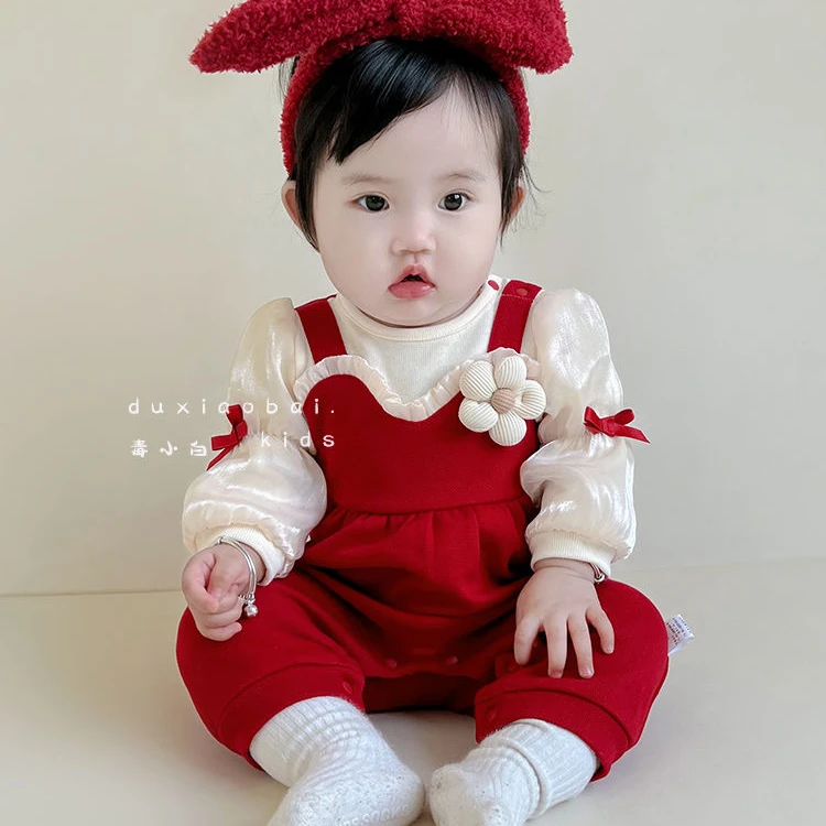 秋冬婴儿衣服加绒新生女儿童连体衣红色幼儿春秋周岁礼服秋季爬服