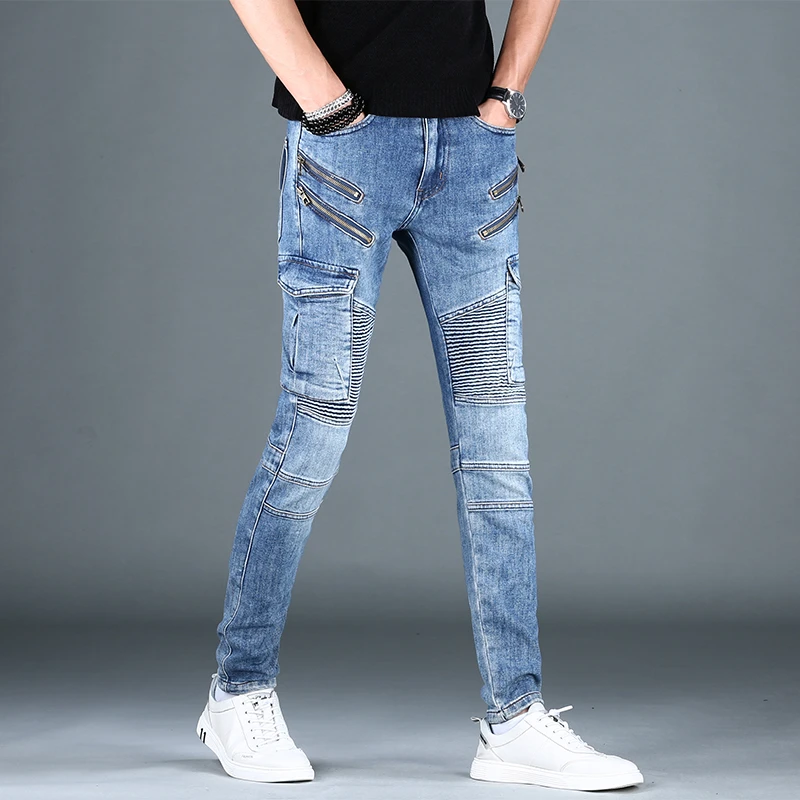 美式高街春秋牛仔裤男ins潮牌欧美机车男士休闲修身小直筒长裤子