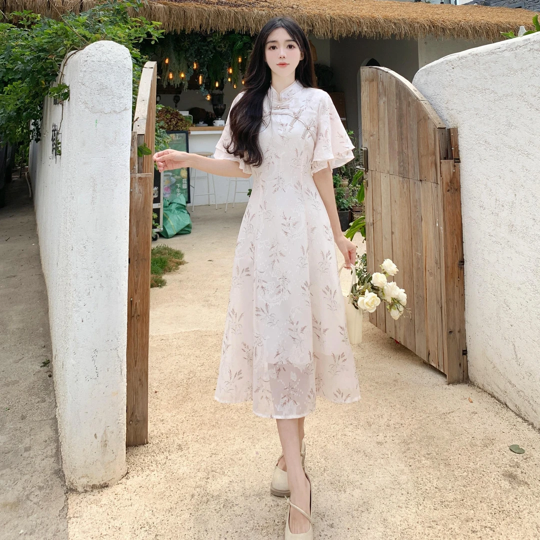 2025夏季大码女装胖mm新中式素雅气质少女年轻款提花雪纺改良旗袍