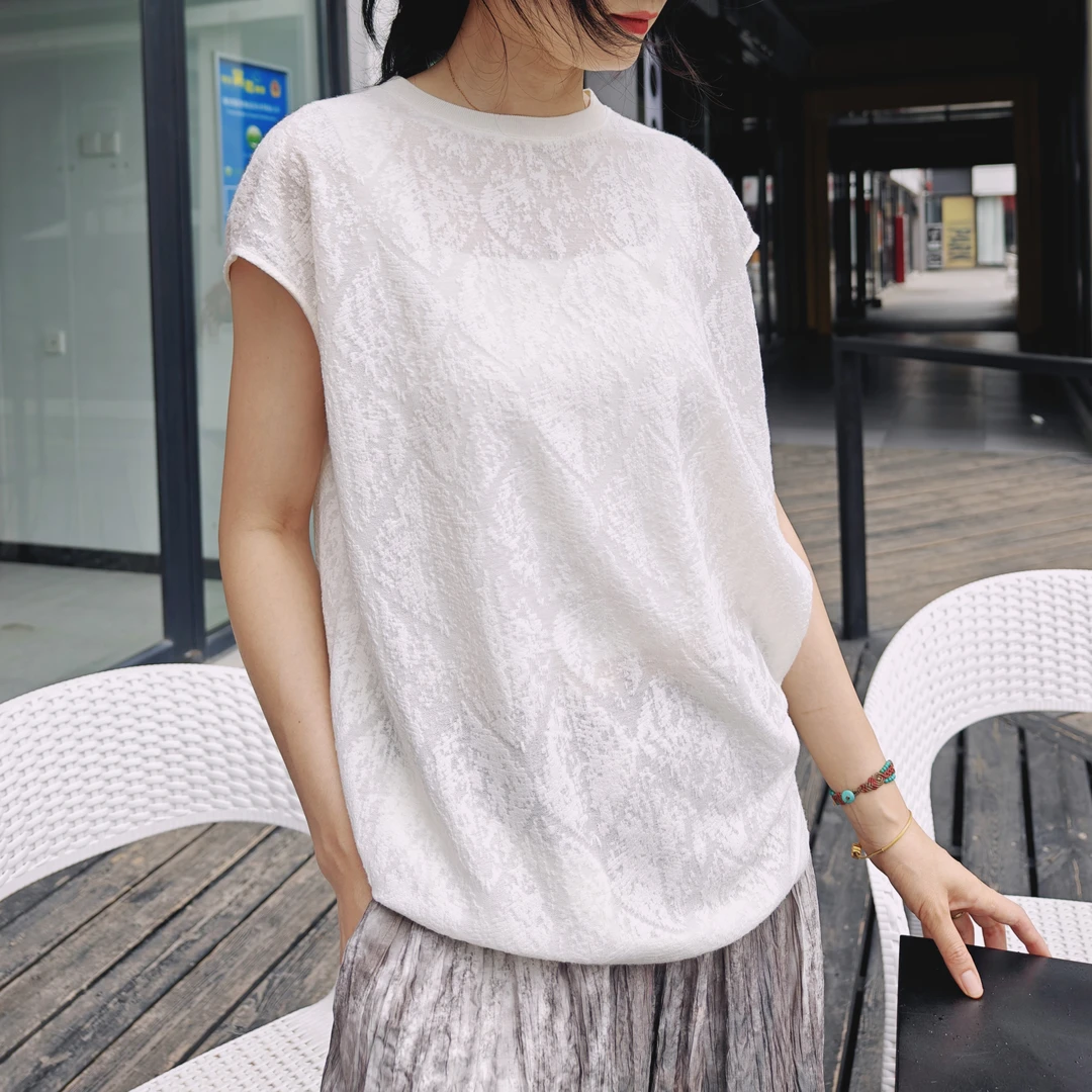 设计师夏季高级感提花纹理宽松长款松弛感T恤