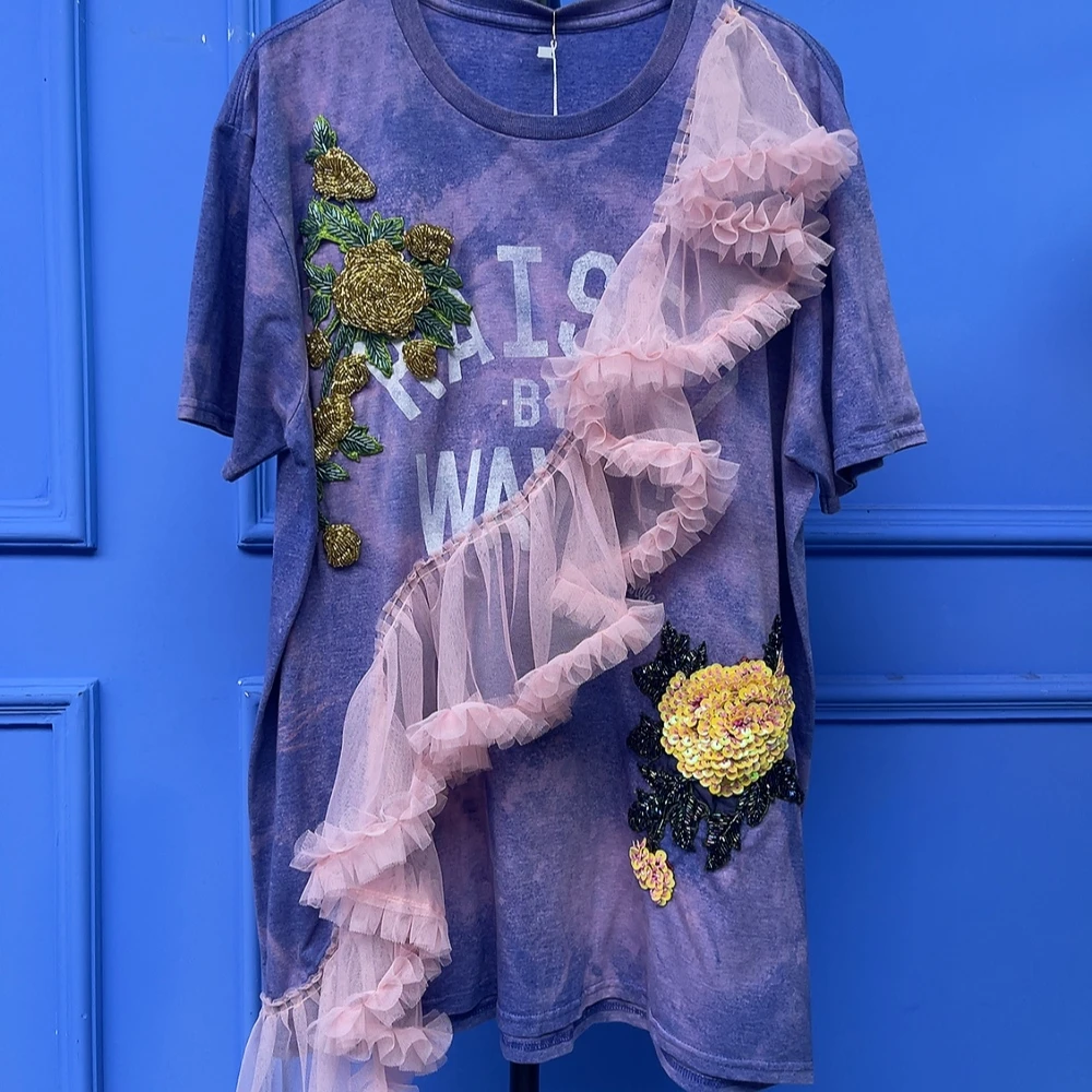 RR940锐宝潮牌时尚休闲手工重工立体印花个性百搭网纱点缀紫色T恤