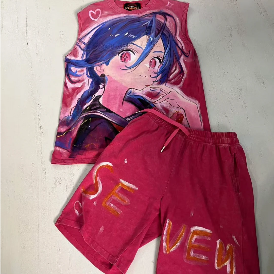 2411  短袖牛仔运动时尚休闲女士情侣夏季宽松潮流印花卡通套装