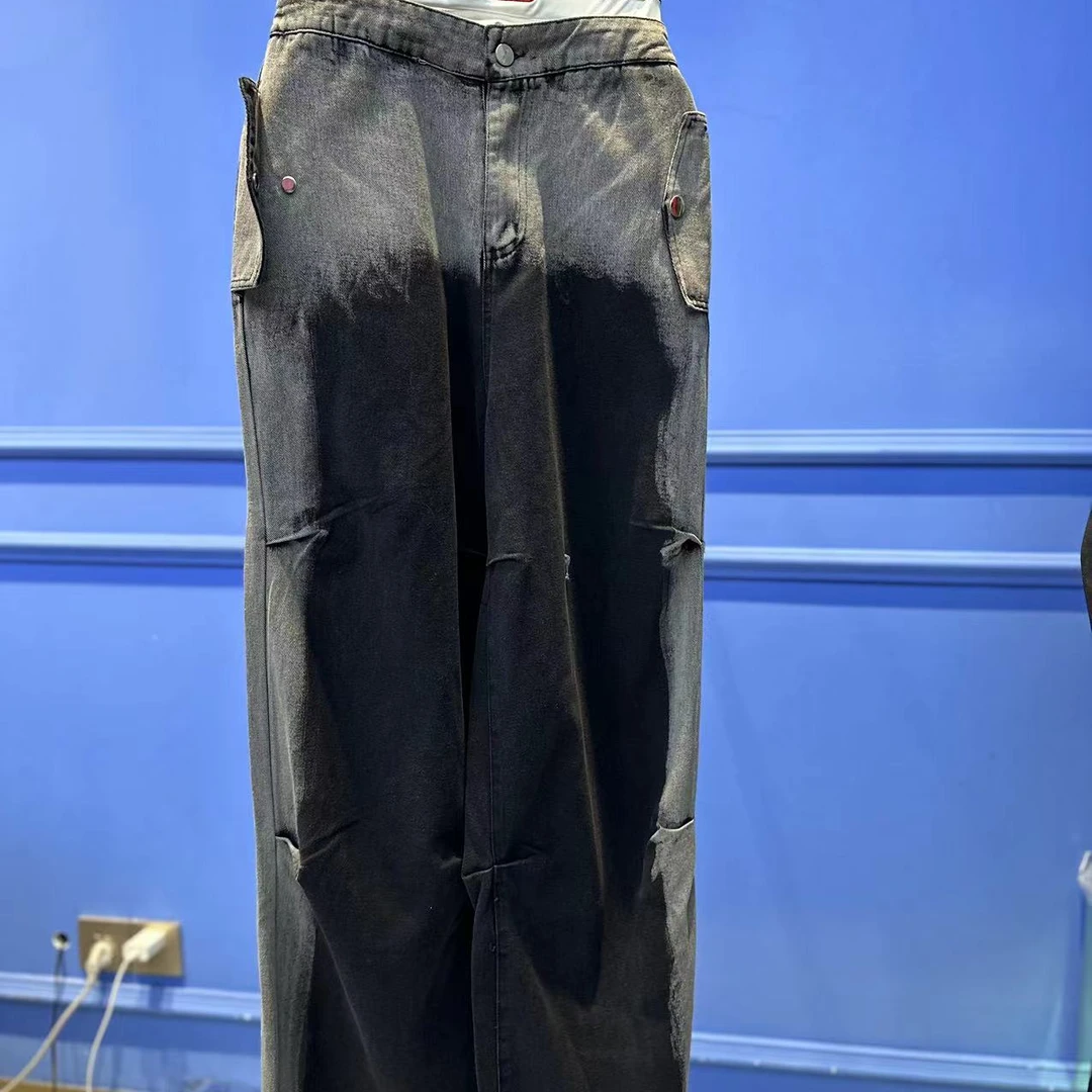 B80158 直筒时尚休闲百搭女士黑色宽松设计师潮流拼接裤子