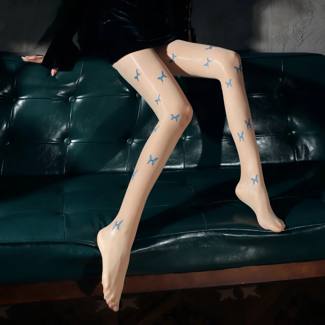 字母马油袜丝袜女字母油亮光滑蝴蝶印花连裤袜性感黑色网红长筒袜