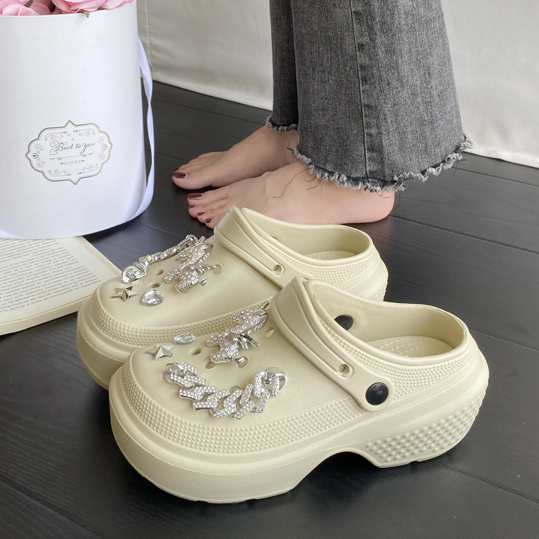 时尚拖鞋洞洞鞋女夏季潮牌厚底增高跟外穿水钻沙滩松糕底防滑防臭