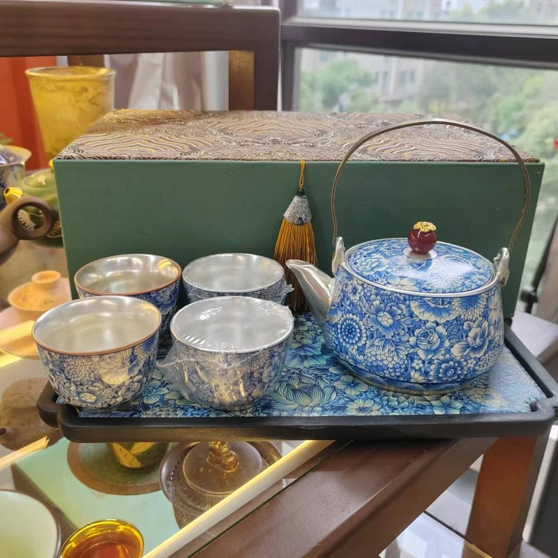 万花提梁壶银壶银茶具套装四杯带茶盘礼盒功夫茶具999纯银银茶具