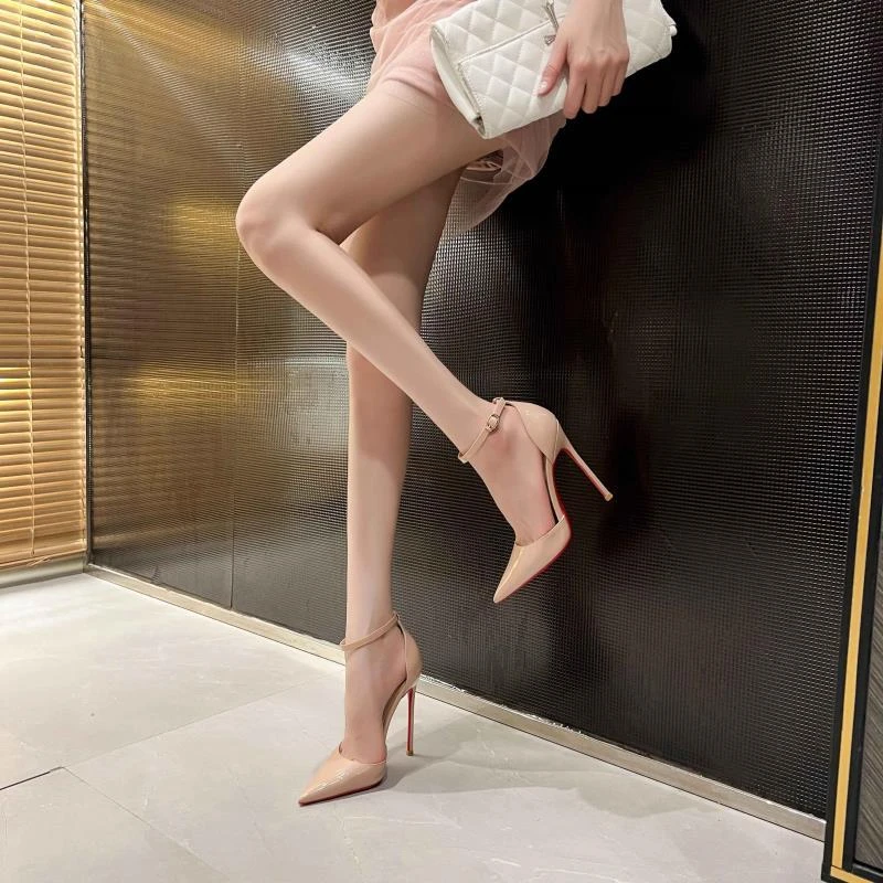 2024款裸色红底高跟鞋女细跟尖头新款性感中空一字带扣气质单鞋