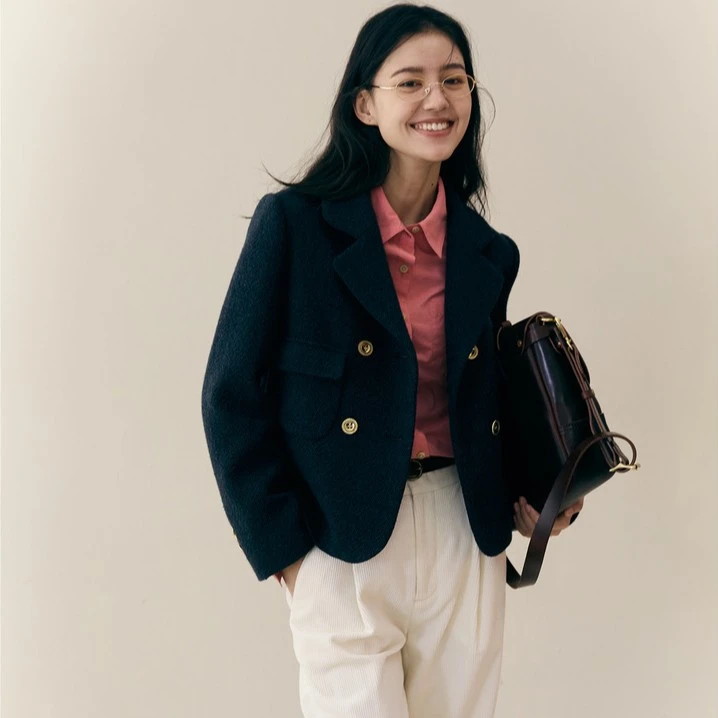 JIN口羊毛金扣西装双排扣简约外套女秋冬短款休闲毛呢大衣小个子