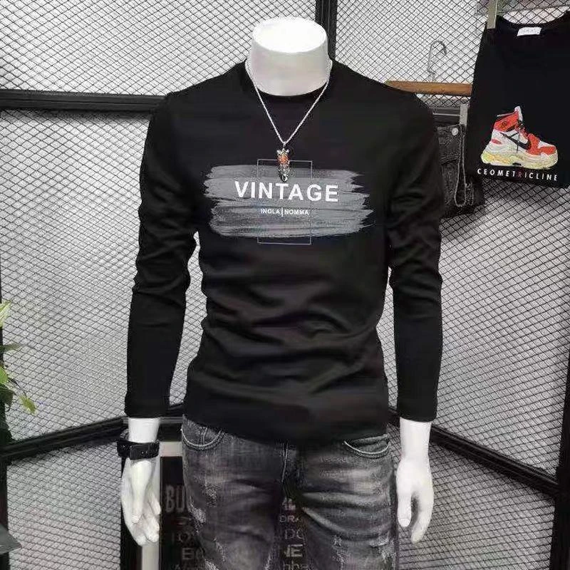 2023秋冬款韩版潮流男士时尚长袖圆领修身百搭上衣打底衫衣服体恤